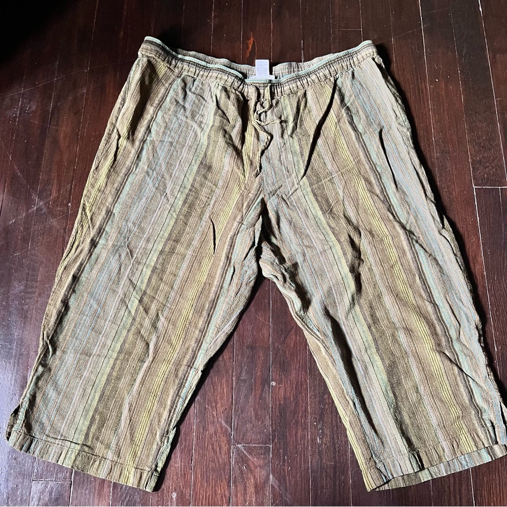 Green boho striped linen blend wide leg cropped pants